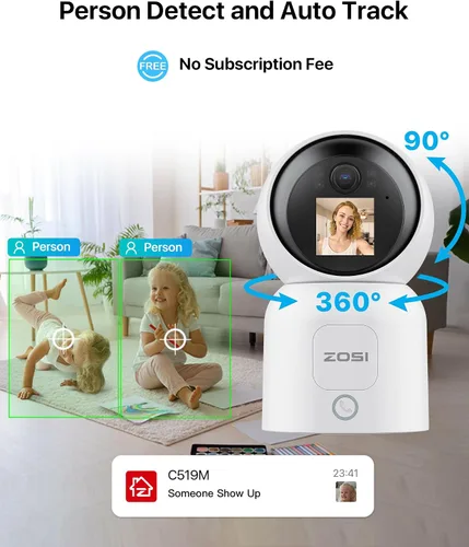 Vista 5 de ZOSI Cámara de seguridad WiFi inteligente de 4 MP, panorámica/inclinación de 360°, videollamadas de 2 vías, detección humana