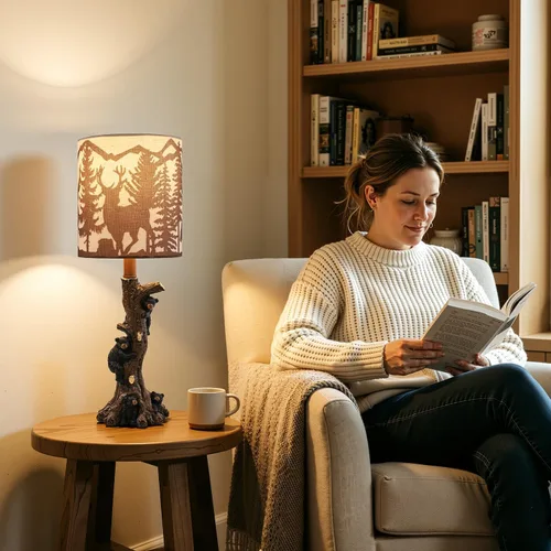 Vista 4 de LOKHOM Lámpara de mesa rústica con oso de escalada para dormitorio, lámpara de mesa de noche pequeña de 19 pulgadas con pantalla de bosque de osos