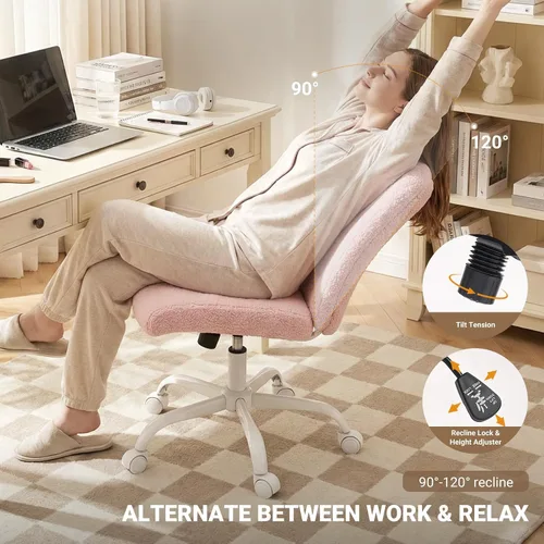 Vista 5 de Silla de tocador con ruedas, silla de oficina sin brazos ajustable en altura, bonita silla de escritorio con soporte lumbar suave para espacios