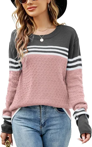 Vista 5 de koitmy Suéter de punto de manga larga con diseño de retazos de rayas para mujer