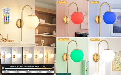 Vista 2 de Juego de 2 apliques de pared LED que funcionan con pilas, pantalla de cristal moderna con globo con control remoto, regulable, no cableado, fácil