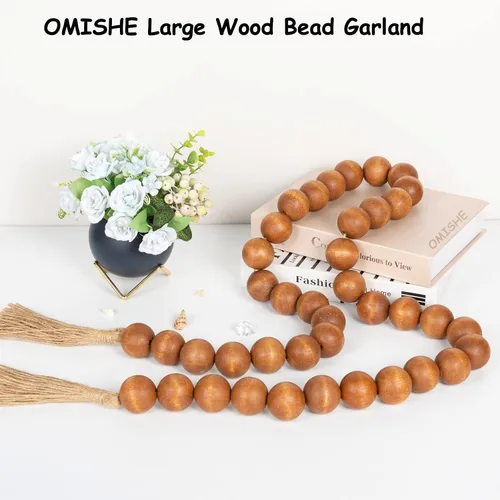 Vista 108 de OMISHE Guirnalda de cuentas de madera extra grande con cuentas de madera y borlas de 1.6 pulgadas de diámetro, cuentas decorativas rústicas de 41