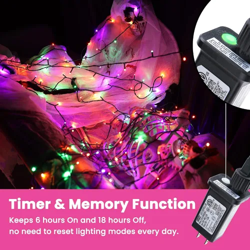 Vista 4 de Luces de Halloween - Tira de luces naranjas, verdes y moradas con 8 modos, guirnalda resistente al agua de 82 pies con 200 luces LED para decoración