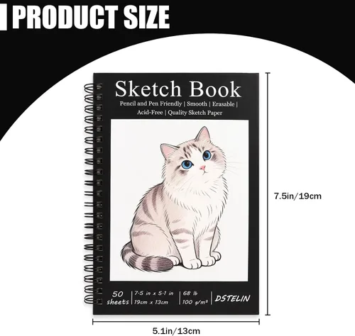 Vista 2 de DSTELIN Paquete de 2 cuadernos de bocetos encuadernados en espiral (papel de dibujo de 3.53 oz/m²), 50 hojas por paquete, cuaderno de bocetos de 7.5