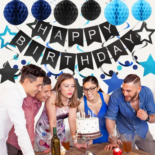 Vista 5 de meowtastic - Decoraciones de cumpleaños, pancarta de feliz cumpleaños con bolas de panal de abeja, serpentinas colgantes de estrellas, guirnalda