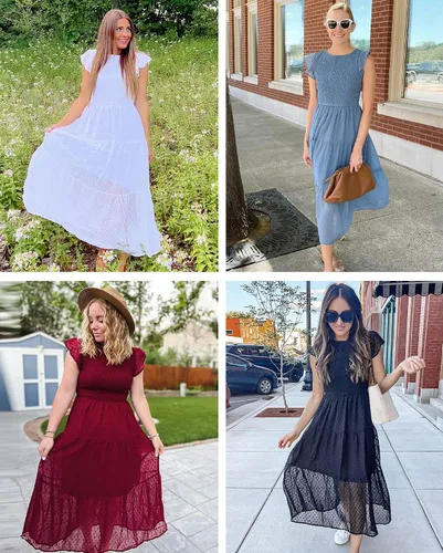 Vista 5 de MEROKEETY Vestido midi fruncido de manga corta de verano para mujer vestidos escalonados con vuelo de punto suizo