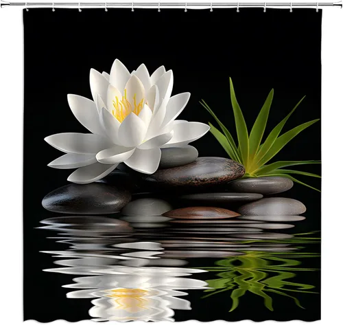 Vista 10 de Cortina de ducha pequeña, spa con hojas de piedra de agua, jardín, japonés, asiático, naturaleza, negro, blanco, verde, RV, baño, decoración