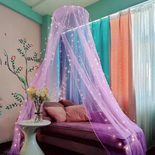 Vista 12 de Dosel de cama Eimilaly con mosquitera y 250 piezas de luces de cortina blancas cálidas, dosel de cama para decoración de habitación de niñas o Luces