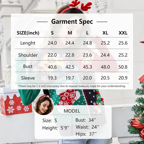 Vista 6 de IFFEI Suéter feo de Navidad para mujer, suéter de cuello redondo con estampado novedoso