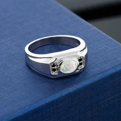 Vista 4 de Gem Stone King Anillo de plata de ley 925 con ópalo blanco y diamantes negros para hombre