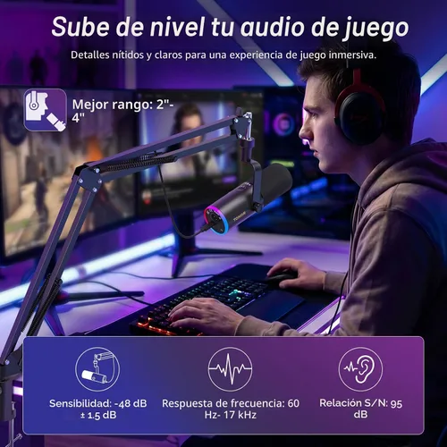 Vista 3 de TONOR Micrófono dinámico para juegos, transmisión de micrófono XLR/USB, cancelación de ruido AI, RGB controlable, Tap Mute, conector