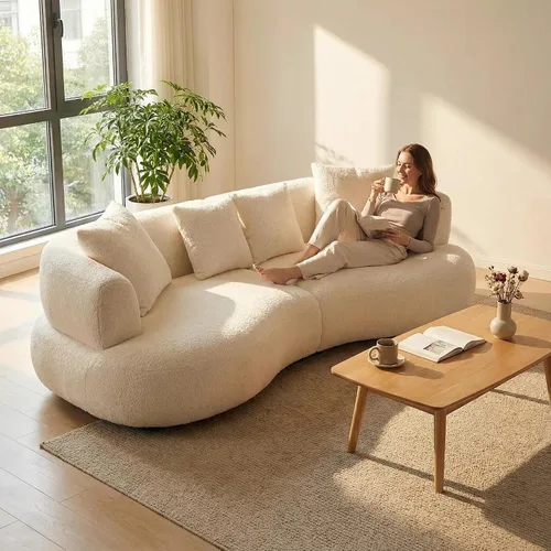 Vista 5 de SSC SATITUNCASA - Sofá modular curvo de 102.36 pulgadas, acogedor sofá Boucle para sala de estar, sofá de 4 plazas color crema con almohadas, sofá