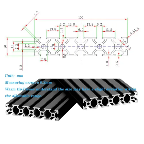 Vista 2 de Extrusión de aluminio con ranura en T 20100 para piezas de impresora 3D y bricolaje CNC, negra, 500mmX2