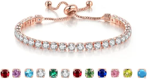 Vista 2 de Caiyao Pulsera ajustable de cadena de tenis con diamantes de imitación para mujer, pulsera de cuentas de circonita cúbica arcoíris chapada en oro