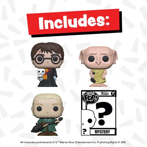 Vista 2 de Funko Bitty POP! HP - Harry en Robe con Bufanda, Pack de 4 - Harry Potter, Draco Malfoy, Dobby y una Mini Figura Misterio Sorpresa - 2.2 Cm