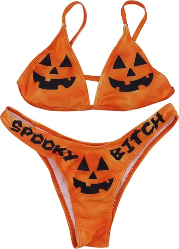 Vista 13 de AIBEARTY Traje de baño de dos piezas con estampado de calaveras para mujer, conjunto de bikini triangular de corte alto para fiesta, festival