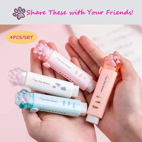 Vista 7 de 4 piezas de borrador retráctil Kawaii con patas de gato para niños, goma para estudiantes que escriben, dibujar estéticos suministros escolares