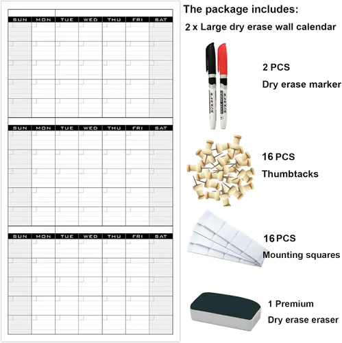 Vista 4 de Calendario grande de borrado en seco para pared, calendario de pared laminado gigante de 3 meses, planificador mensual de pizarra blanca grande