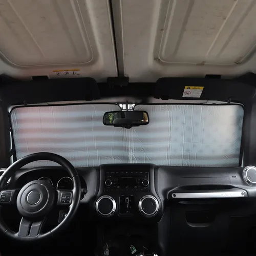 Vista 4 de Savadicar Parasol para parabrisas con bandera de Estados Unidos para Jeep Wrangler TJ JK JKU 1997-2018, protector térmico, estructura laminada