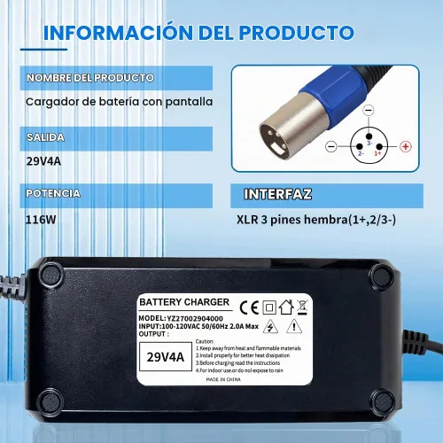 Vista 2 de Cargador de batería de ácido-plomo de 24V 4A con conector XLR macho de 3 pines para batería de plomo GLE AGM de 24 voltios, adaptador de carga