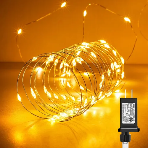 Vista 8 de Guirnaldas de luces enchufables, de 33 pies, 100 luces LED impermeables de alambre plateado, adaptador incluido, cable de luces estrelladas