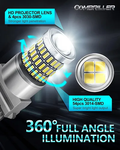 Vista 3 de Combriller 3157 Bombilla LED blanca 6000K, 3056 3156 3057 4157 LED con proyector de repuesto para luces LED de reversa, bombilla de señal de giro