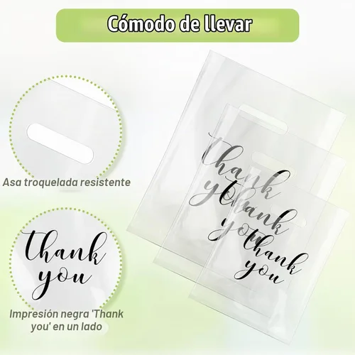 Vista 3 de Yeaqee 200 Piezas Bolsas Transparentes de Mercancía de Agradecimiento con Asas Troqueladas Bolsas de Compras de Plástico Reutilizables para Venta al