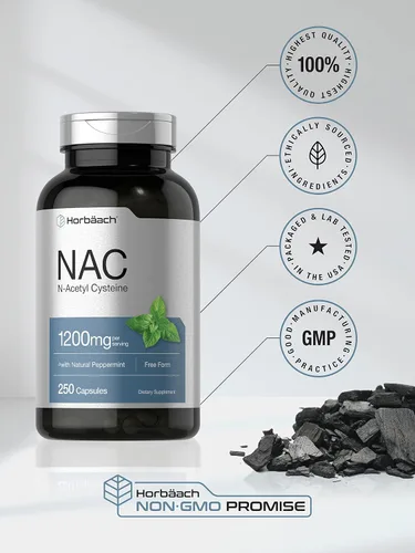 Vista 5 de Suplemento Horbäach NAC N-Acetil Cisteína 1200mg 250 Cápsulas en Polvo para Mujeres y Hombres con Menta Natural Sin GMO, Sin Gluten