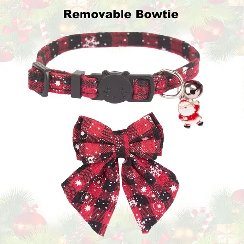 Vista 5 de PTDECOR Paquete de 2 Collares Navideños para Gatos, Collar de Gato Navideño con Corbatín y Campanilla Desmontables, Collares Navideños de Liberación