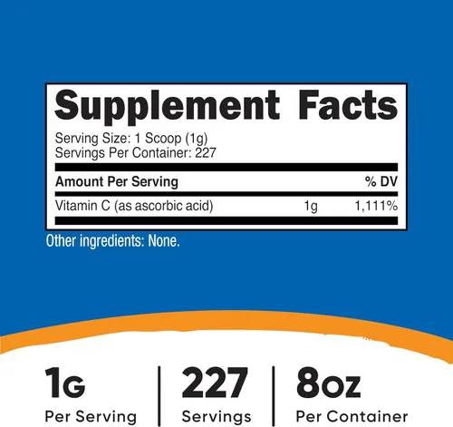 Vista 2 de Nutricost polvo de ácido ascórbico puro vitamina C, 1G por porción, alta calidad, soporte del sistema inmunológico., 1