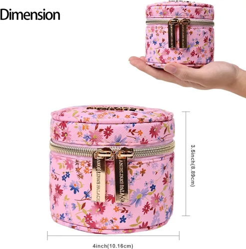 Vista 3 de Angelina's Palace Organizador redondo de joyas, bolsa de viaje, regalos de dama de honor, caja de cuero vegano para collar, aretes, pulsera, anillo