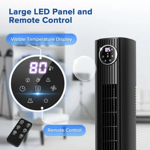 Vista 3 de Electactic Ventilador de torre para dormitorio, ventilador de pie de 25 pies/s, ventilador oscilante de 85° con control remoto, 3 velocidades, 4