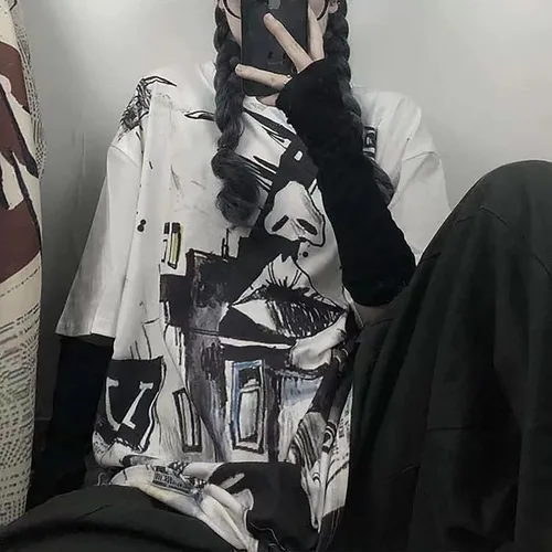 Vista 4 de LREUIP Camiseta estampada gótica de gran tamaño Harajuku Street Trend Hombres y Mujeres Personalidad Suelta Estampado Punk Manga Corta