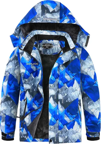 Vista 10 de Chaquetas de esquí para niños, impermeable, abrigo de invierno con forro polar, resistente al viento, chaqueta de snowboard con capucha desmontable
