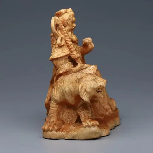 Vista 4 de Feng Shui Dios de la riqueza Tsai Shen Yeh sentado en tigre, estatua de tigre tallada en madera maciza, adornos de Zhao Gongming para decoración
