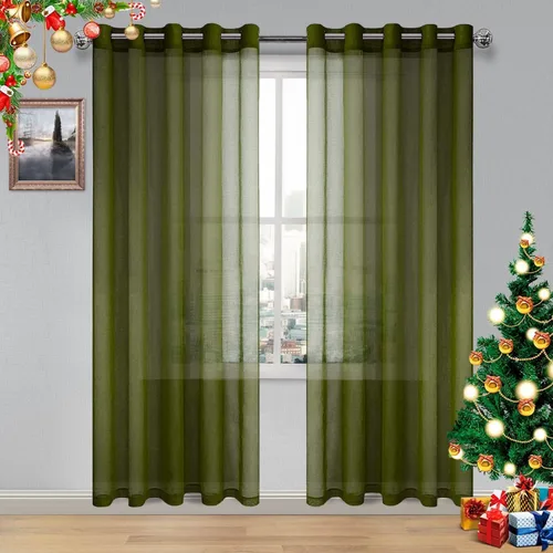 Vista 193 de DWCN Cortinas traslúcidas color verde frijol para sala de estar y dormitorio - Cortinas voile con aspecto de lino sintético con ojales en la parte