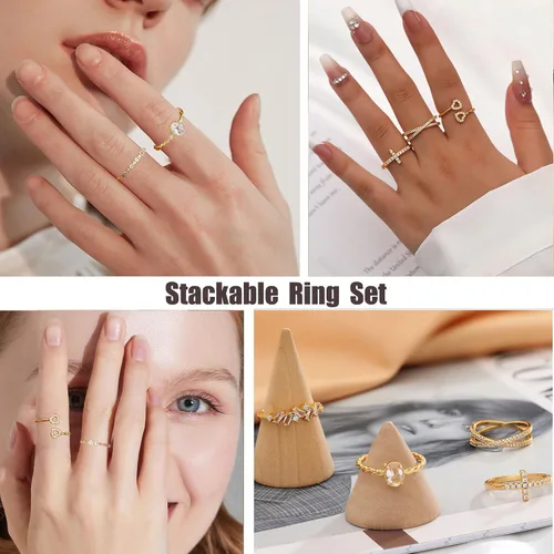 Vista 5 de TOSMGY - Anillos de oro para mujer, no se deslustra, apilables, anillos de compromiso de boda, anillo de oro de 14 quilates para adolescentes