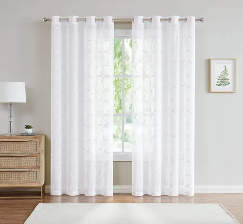 Vista 16 de Cortinas LinenZone de piso a techo para ventanas extra anchas. Cortinas transparentes blancas para divisores de habitación con bordado de hojas rosa