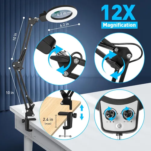 Vista 6 de KIRKAS Lupa 12X con luz y soporte, cualquier modo de color y brillo sin escalones, lámpara LED de aumento con abrazadera, lente de lupa 2 en 1