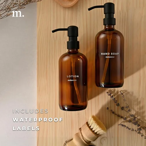 Vista 6 de MaisoNovo Dispensador de jabón de 1 pieza Botellas ámbar de 16.9 oz con bombas de plástico negro