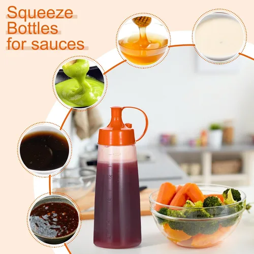 Vista 6 de Botellas exprimibles de condimentos de boca ancha, paquete de 2 botellas exprimibles con tapas de tapa y embudo para salsa de tomate, salsas