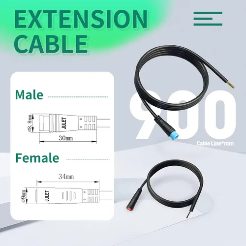 Vista 4 de Cable de extensión Ebike Julet macho/hembra 2pin/3pin/4pin/5pin/6pines/DIY cable de enchufe impermeable para exhibición de bicicleta eléctrica