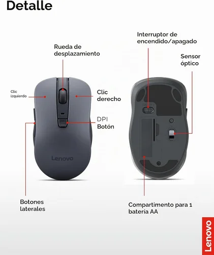 Vista 7 de Lenovo WL310 Ratón silencioso Bluetooth, ergonómico, DPI ajustable, clics silenciosos, Bluetooth 5.0, portátil para Windows, Mac y Chromebook, gris