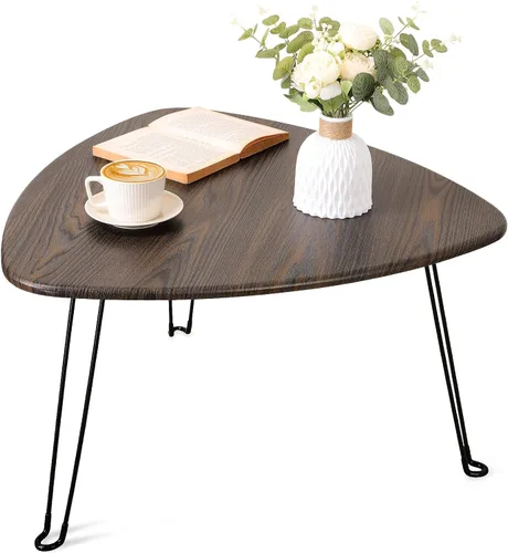 Vista 9 de Mesa de centro plegable negra de madera triangular para sentarse en el suelo, mesas auxiliares pequeñas ovaladas, mesa de centro moderna de mediados