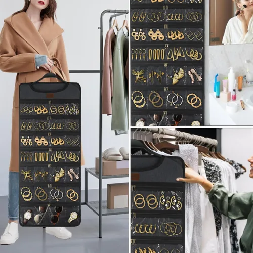 Vista 2 de SMRITI Organizador de joyas colgante con bolsillos dobles con cremallera, lona de doble cara giratoria para colgar collares, organizador de pared