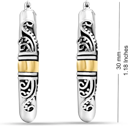 Vista 5 de LeCalla Aretes de aro de plata de ley 925 estilo Bali, ligeros, con cierre de clic, antiguos, de dos tonos, estilo italiano Bali, para mujer