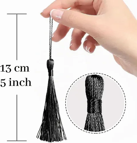 Vista 2 de 100 piezas de mini borlas negras de 13 cm/5 pulgadas con bucles para marcapáginas, fabricación de joyas, proyectos de bricolaje Negro