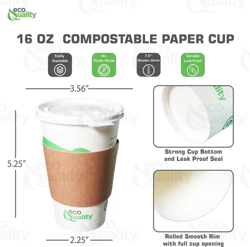 Vista 3 de Vasos de papel compostables de 16 onzas con tapas planas blancas, mangas y agitadores de madera, tazas de café de papel blanco biodegradables