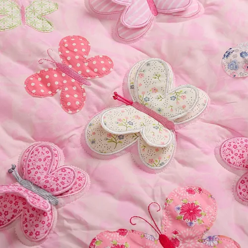 Vista 4 de Juego de ropa de cama de 2 piezas con bordado rosa con mariposas y sábana bajera para cuna de bebé niña