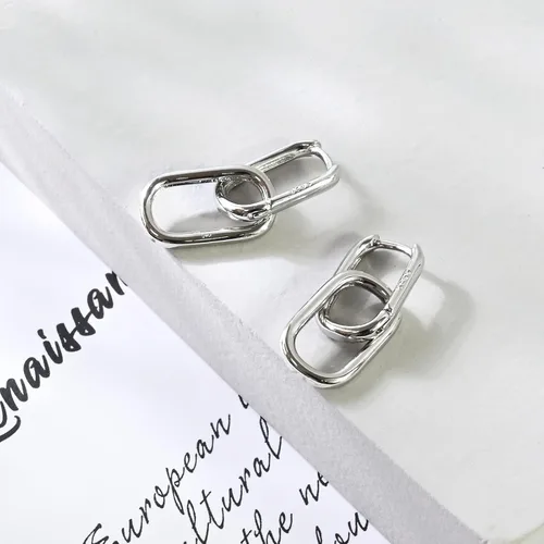 Vista 5 de Aretes de aro de plata de ley 925 con doble ovalado para mujer, pequeños aretes de aro de plata para orejas sensibles, aretes de aro cuadrados